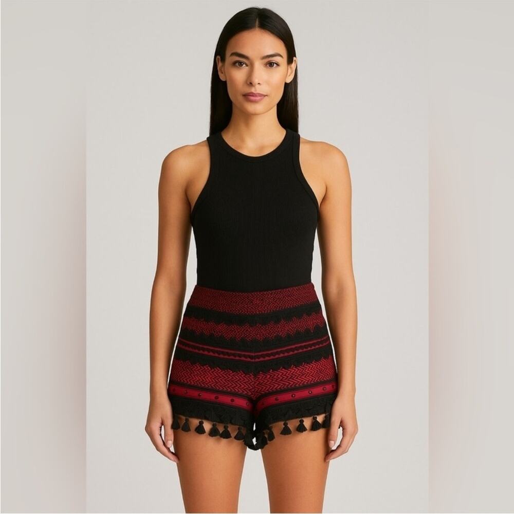 NWT Dodo Bar Or Moav Tassel Embroidered
Crochet Shorts Red Black sz S
